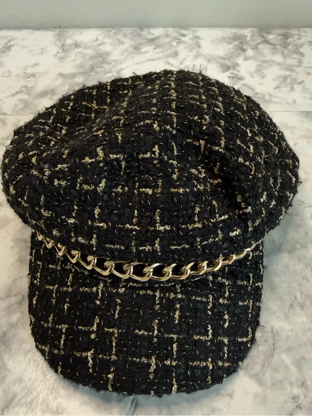 Vintage Y2K Juicy Couture Black Tweed Newsboy Cap with Gold Chain Accent